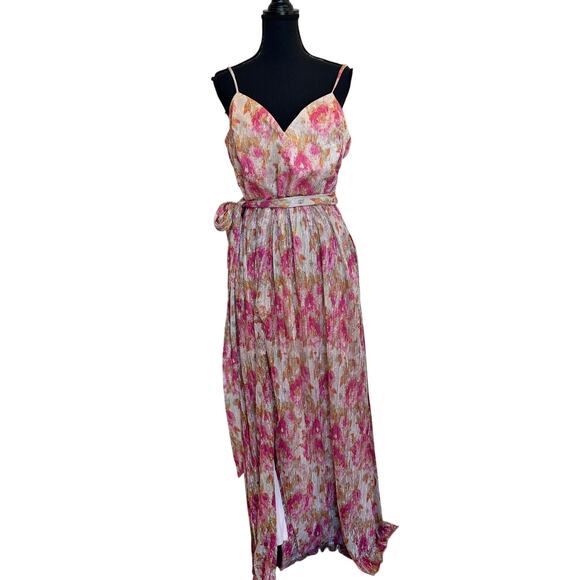 Dress the Population Floral Plisse Maxi Dress XS Metallic Goddess Slip Gown $268 - Picture 9 of 15